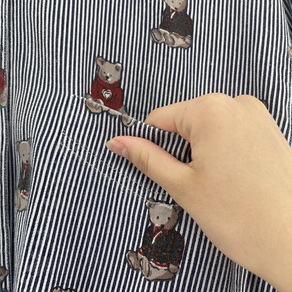 VTG Quizz Button Up Shirt Women Large Bear Railroad Stripe Denim Woven Novelty - Picture 3 of 6